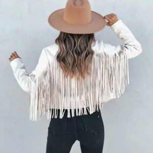White Suede Fringe Moto Jacket